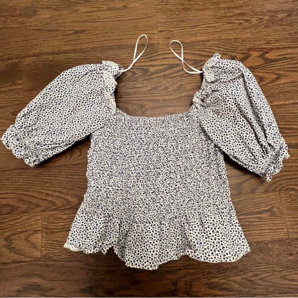 Topshop White and Blue Puff Sleeve Blouse